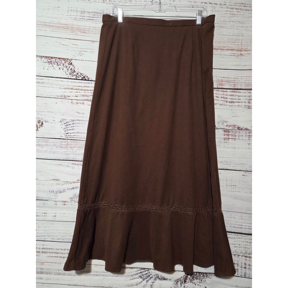 Sag Harbor Brown Faux Suede Maxi Skirt Size 14 Crochet Lace Ruffle Hem Boho